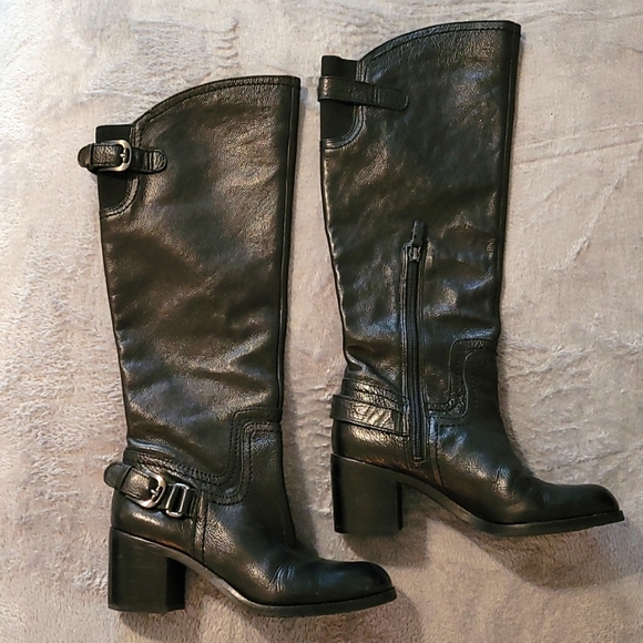 Franco Sarto black leather knee-high riding boots with buckles, size 6.5. - Picture 2 of 7